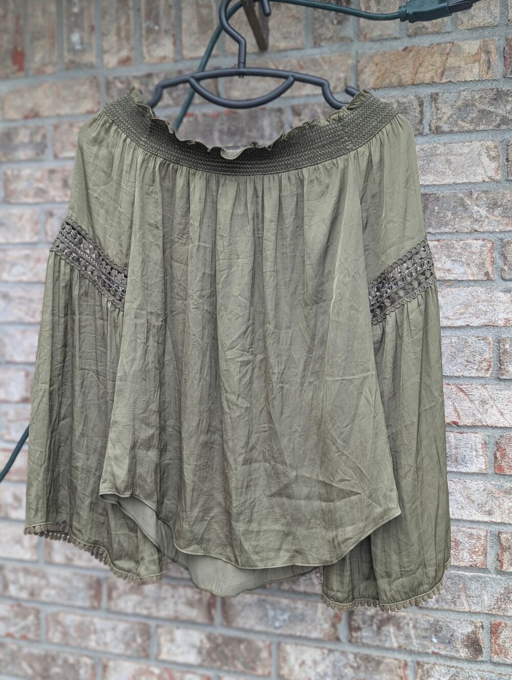 White House Black Market Top Womens XS Olive Peasant Satin 3/4 Sleeve